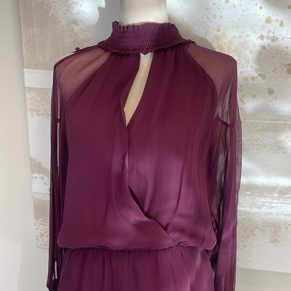 Parker Shelli Shirred Silk Dress in Wine Burgundy High Neck Size Medium - Picture 6 of 12